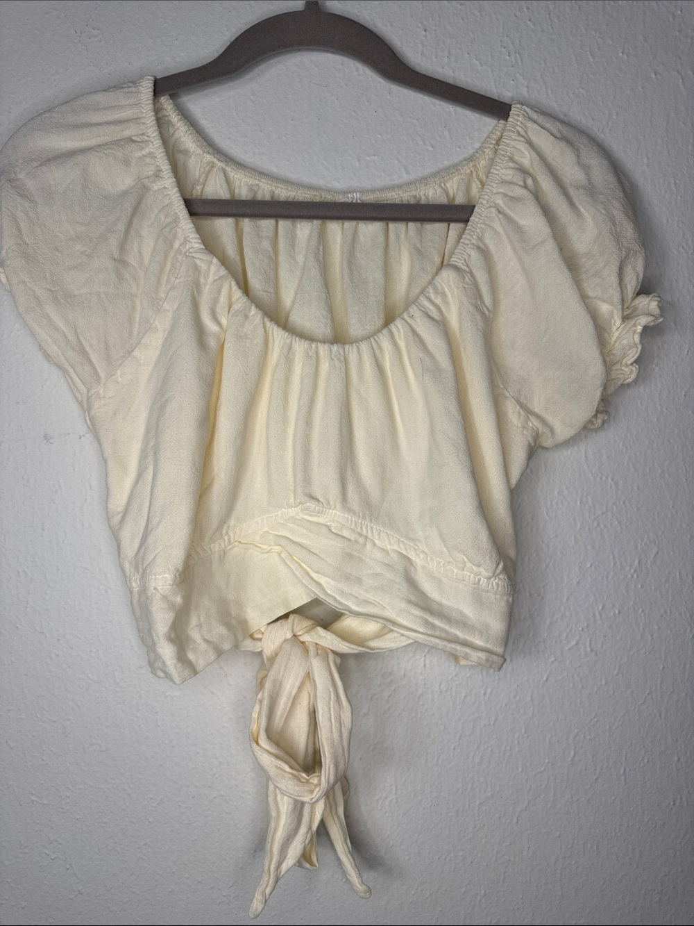 Women's Cream Tie-Front Peasant Top